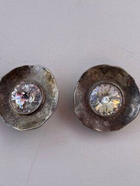 Vintage Norma Jean Silver Hammered Crystal Clip-On Earrings